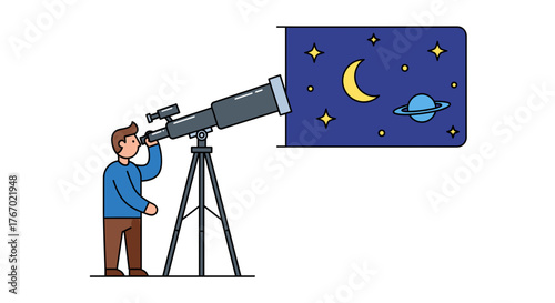 Man looking through telescope at night sky with moon stars and planet astronomy stargazing space exploration