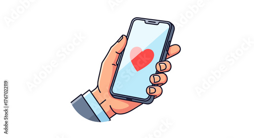 Hand holding smartphone with heart icon love and romance dating app social media communication concept