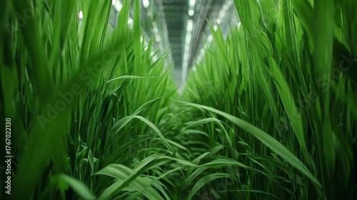 Medium shot capturing a hydroponic barley fodder setup highlighting dense green growth in a modern agricultural facility.