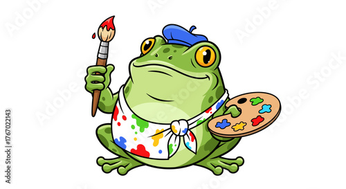 Cartoon frog artist painting with paintbrush and palette whimsical amphibian art illustration for kids room decor
