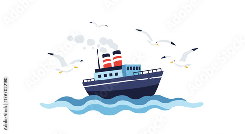 Cartoon steamship boat vector illustration with seagulls and ocean waves for travel and transportation design