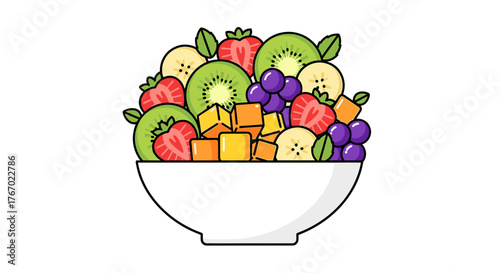 Delicious fruit salad bowl recipe with fresh strawberries kiwi banana mango and grapes illustration art