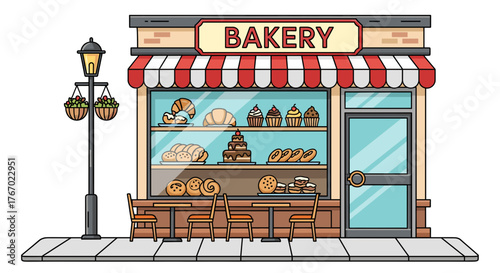 Cute bakery shop front with pastries cakes and bread cartoon illustration for local business marketing use