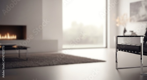 Minimalist living room interior with a modern fireplace, chair, and large window, creating a serene and sophisticated atmosphere with natural light