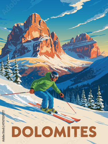 Ski Dolomites resort in Italy, featuring winter landscape, snow-covered mountains, ski slopes, alpine scenery, tourism illustration, winter sports, and holiday travel design.