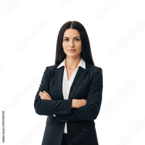 Professional young woman confidently posed in a dark suit and white blouse with arms crossed isolated on transparent background