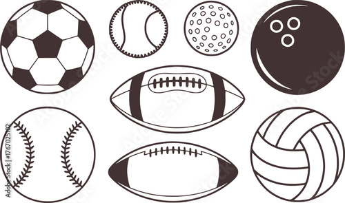 Black and white illustration of sports balls soccer ball baseball