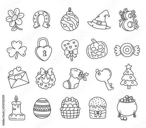 Festive attribute set in outline line art showing traditional christmas easter halloween and valentine decorations that celebrate joy family warmth and meaningful seasonal holiday traditions