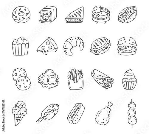 Fast food set in outline line art with donut, sushi, tacos, guacamole, khachapuri, popcorn, pizza, croissant, panini, hamburger, cookie, meatballs, shawarma, ice cream, dango