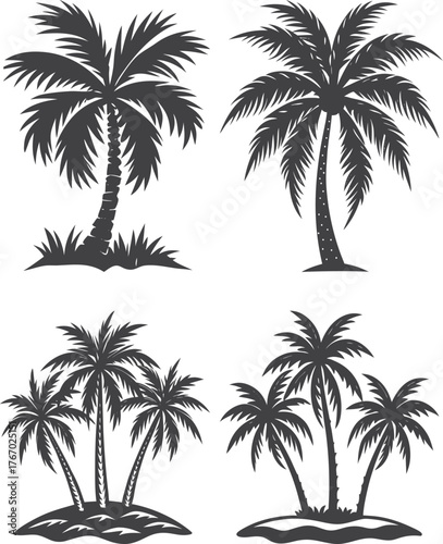Palm tree silhouettes on a tropical beach at sunset, isolated vector illustration of summer nature