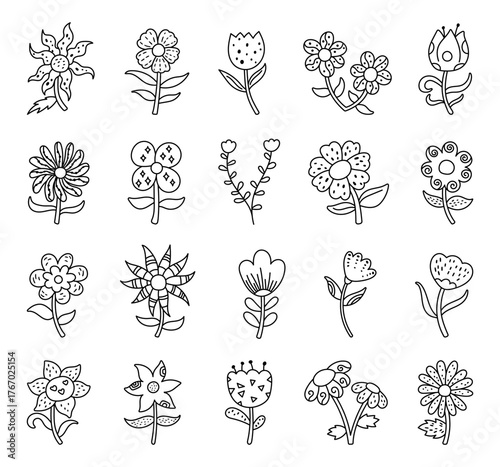 Flower set in outline line art showing natural plants and charming botanical elements for your illustrations, creative designs projects and relaxing nature inspired compositions