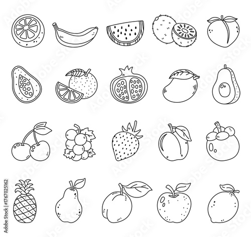 Fruit set in outline line art with banana, watermelon, kiwi, peach, papaya, orange, grenades, mango, avocado, cherry, grape, strawberry, mangosteen, pineapple, pear, plum