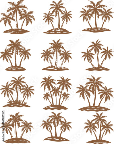 Tropical beach vacation design set featuring a palm tree silhouette, isolated vector illustration, and a summer leaf pattern