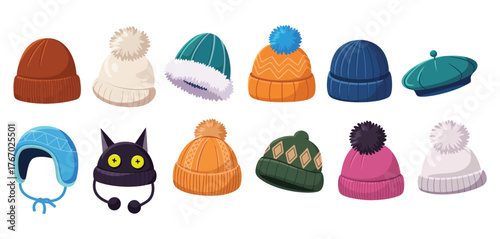 Winter hats vector set with wool caps, knitted beanies, and earflap hats for men, women, and children, isolated flat illustrations, warm clothing, fashion accessories, and cold weather apparel.