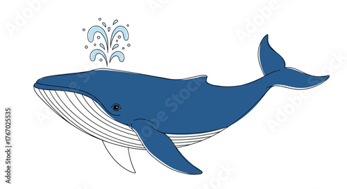 A majestic blue whale, rendered in a charming cartoon illustration style, gracefully spouting water from its blowhole while swimming.
