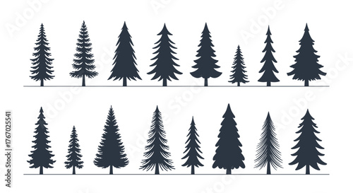 A collection of various evergreen pine and spruce tree silhouettes, suitable for forest landscapes and winter holiday designs.
