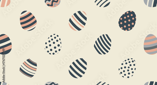 Seamless pattern of decorative Easter eggs featuring various stripe, polka dot, and wavy designs in muted tones, perfect for spring holiday backgrounds.