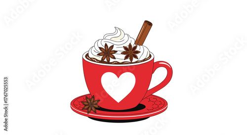 A cozy red mug with a white heart, filled with hot chocolate, whipped cream, star anise, and a cinnamon stick, evoking warmth and comfort.