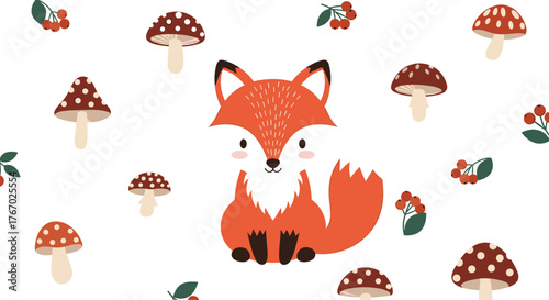 Charming illustration of a cute red fox surrounded by whimsical autumn mushrooms and berries on a clean white background.