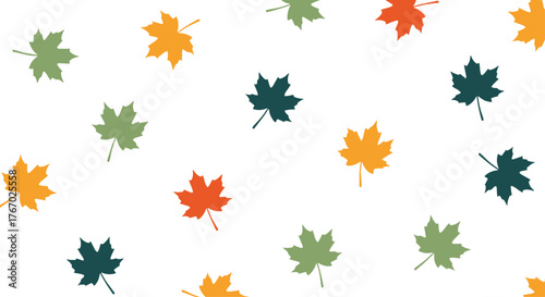 A vibrant pattern of scattered maple leaves in various autumn hues on a clean white background, perfect for seasonal designs.