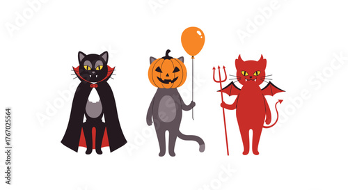 Three charming cartoon cats celebrate Halloween in costumes, depicting a vampire, a pumpkin-headed character, and a mischievous devil.