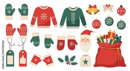 A festive collection of cozy winter clothing, Santa Claus, gift bags, and decorative ornaments for Christmas celebrations.