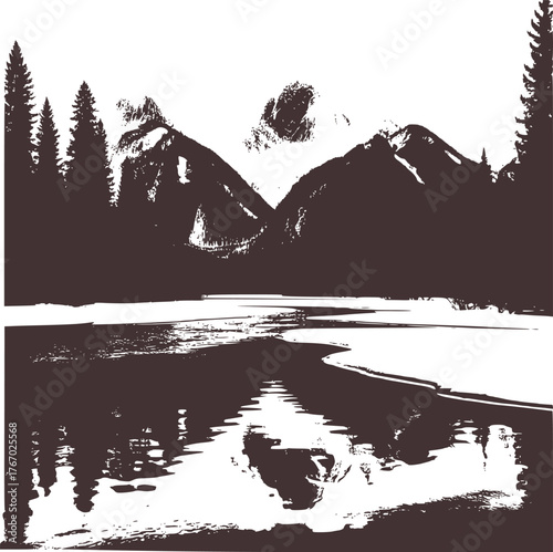Dark pine trees frame snowy mountain peaks above calm reflective lake mountains reflection