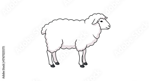 A simple cartoon illustration of a white sheep standing on a white background, depicted in a clean and friendly style.