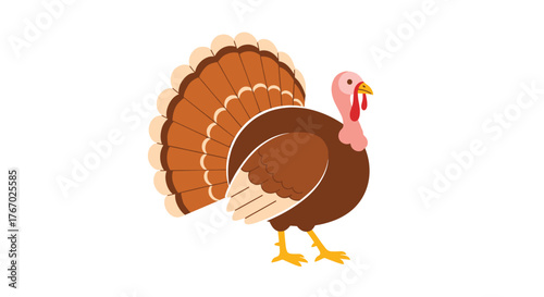 A vibrant cartoon turkey with a broad fanned tail and a pink head stands prominently on a clean white background, ideal for seasonal themes.