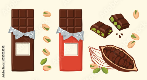 An assortment of chocolate bars, including pistachio chocolate, alongside cocoa pods and raw pistachios, arranged on a light background.