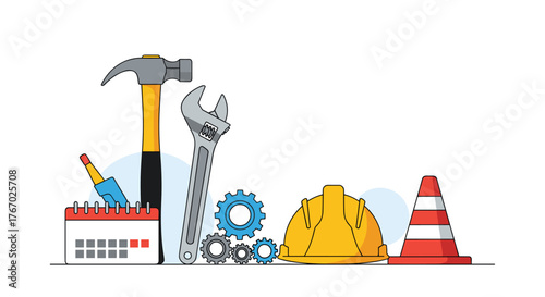 An illustration featuring an assortment of essential construction and maintenance tools, safety equipment, and gears, with a calendar on a white background.