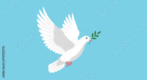 A graceful white dove with an olive branch in its beak flies against a serene blue sky, symbolizing peace, hope, and freedom.