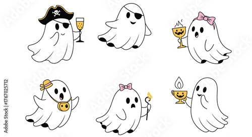 Cute cartoon Halloween ghosts with various costumes and accessories, enjoying drinks and spooky items for a fun holiday celebration.