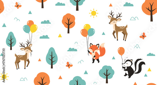 Cute forest animals celebrating with balloons in a charming seamless pattern, ideal for children's designs and prints.