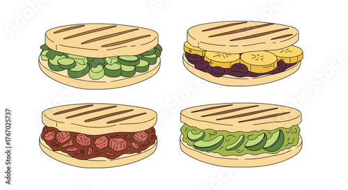 Four vibrant illustrations of traditional South American arepas, showcasing a variety of fillings from savory meats to sweet fruits.