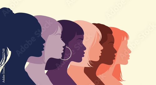Side profiles of diverse women, symbolizing unity, empowerment, and global sisterhood with various skin tones and hairstyles.