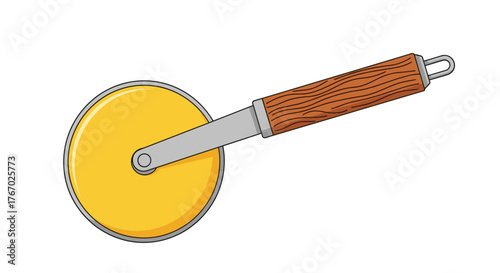 A bright yellow pizza cutter with a wooden handle, ideal for slicing dough and crusts, stands isolated on a clean white background.