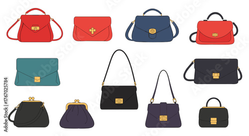 A collection of stylish women's handbags in various colors and designs, featuring different types like shoulder bags, clutches, and totes.