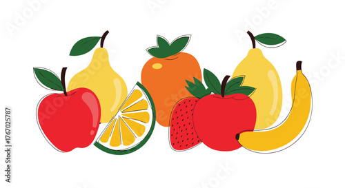 A vibrant and healthy collection of fresh fruits like apples, pears, oranges, bananas, and strawberries, illustrated in a modern, flat design style.