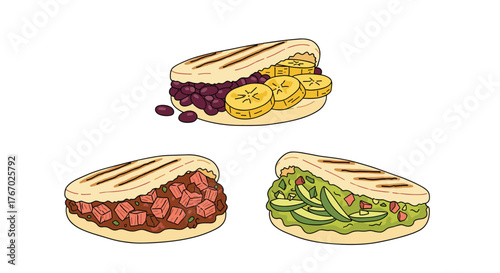 An appetizing illustration featuring three distinct arepas, highlighting diverse and traditional fillings from Venezuelan or Colombian cuisine.