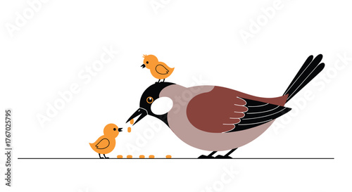 An adult bird gently feeds its hungry chick while another chick rests on its back, illustrating a heartwarming scene of parental care and nurturing.