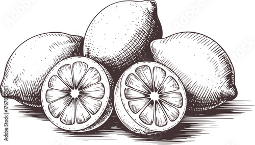 Detailed black and white pencil sketch of lemons and lemon slices fruit citrus