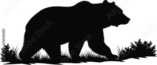 Bear walking through grass silhouette cartoon illustration, symbolic strength and expressive nature artwork for lifestyle and emotional design