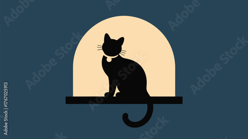 Charming black cat silhouette with collar sitting serenely, perfect for pet lovers, Halloween designs, or minimalist art prints in your home or office space