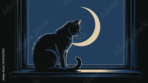 Elegant black cat watching the crescent moon through a window evokes a sense of mystery, perfect for Halloween, autumnal designs, or spooky scenes