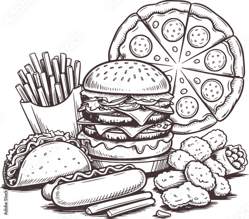 Sketch of burger pizza taco fries nuggets and hotdog vector