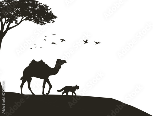 Camel and companion animal walking under tree silhouette cartoon illustration, symbolic journey and expressive nature artwork for lifestyle design