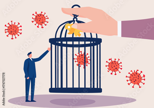 Businessman released from cage by giant hand holding key with coronavirus particles around indicating reopening economy after lockdown and pandemic concept flat vector illustration