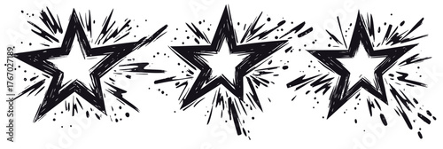 Grunge hand drawn black star sketch set with splatter and splash effect for rock punk tattoo doodle graphic design elements vector illustration