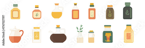 Collection of flat cartoon pantry staple condiment bottles with olive oil vinegar syrup mustard ketchup honey containers minimalist vector icons set